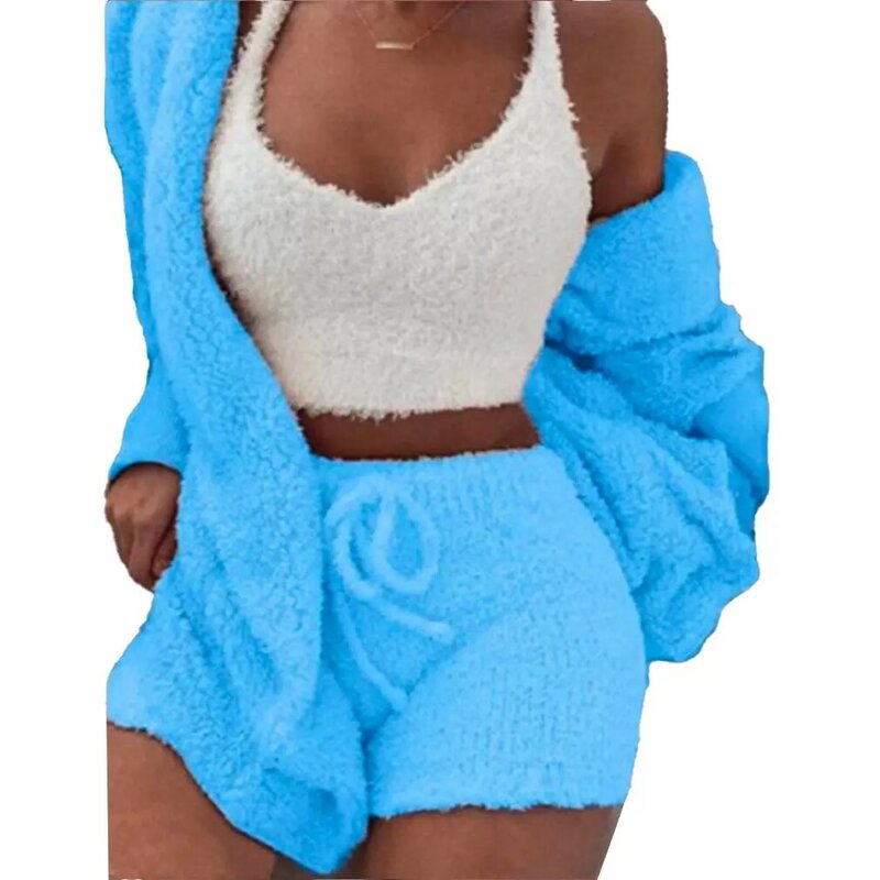 Fluffy Pajamas Set for Women Casual Sleepwear Tank Top and Shorts Plus Size Hoodie Leisure Homsuit Winter 3 Pieces Pijamas