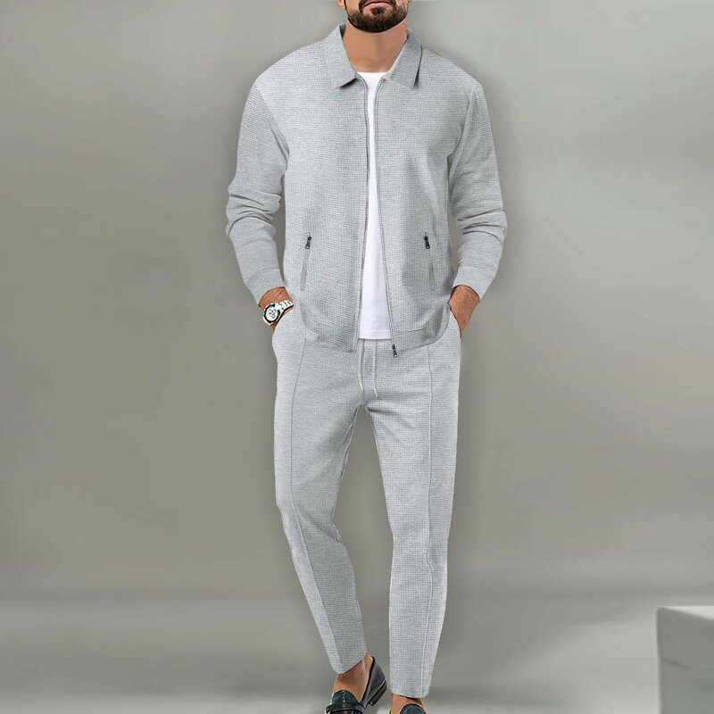 Spring and Fall Men's casual waffle ger zipper pocket long sleeve jacket and pant suit