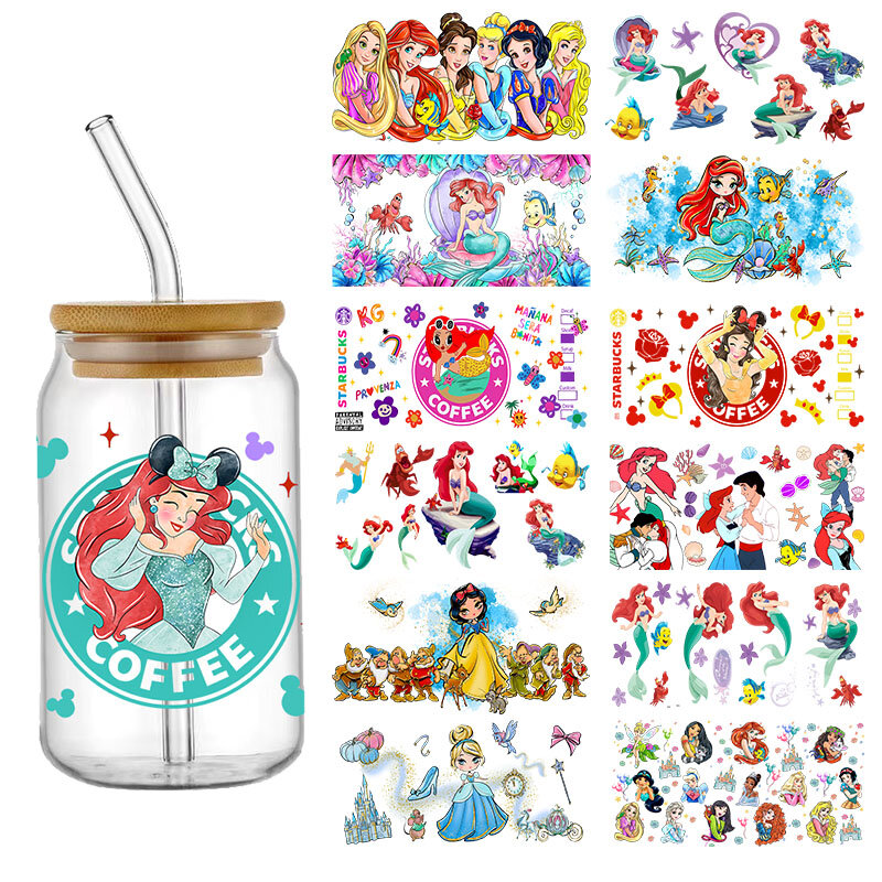 Pegatinas de dibujos animados de Disney para envolver vasos de vidrio, calcomanías de transferencia impermeables, princesa Frozen, Elsa, Anna, UV, DTF, 16oz