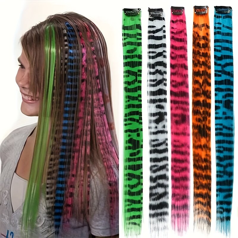 1 buah Y2K ekstensi rambut warna-warni motif macan tutul wig panjang Lurus satu potong Clip-In sintetis aksesori rambut cosplay