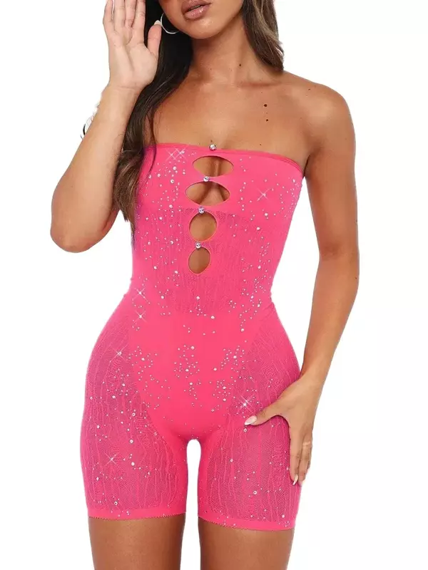 Women Sparkling Sequin Off Shoulder Bodycon Jumpsuit Elegant Rhinestone Sleeveless Hollow Out Rompers for Party Clubwear MYQH19