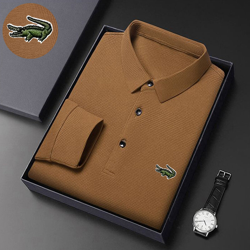 Polo brodé en coton à manches longues pour hommes, chemise de base à revers, t-shirt de printemps et d'automne, vêtements de haute qualité