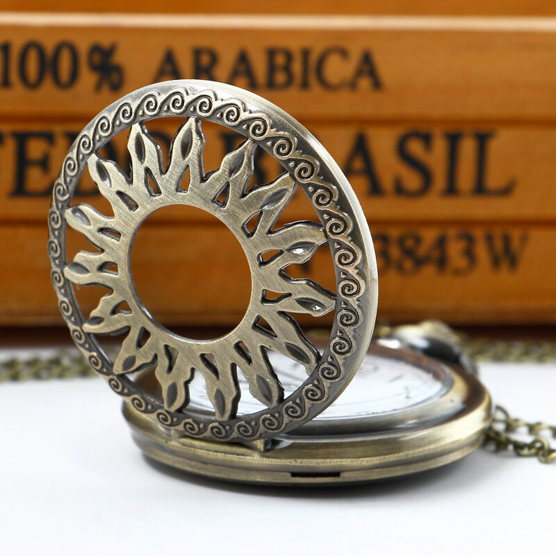 Hollow Sunflowers Quartz Pocket Flip Fob Clock Retro Antique Bronze Pocket Watches Men Necklace Pendant Chain