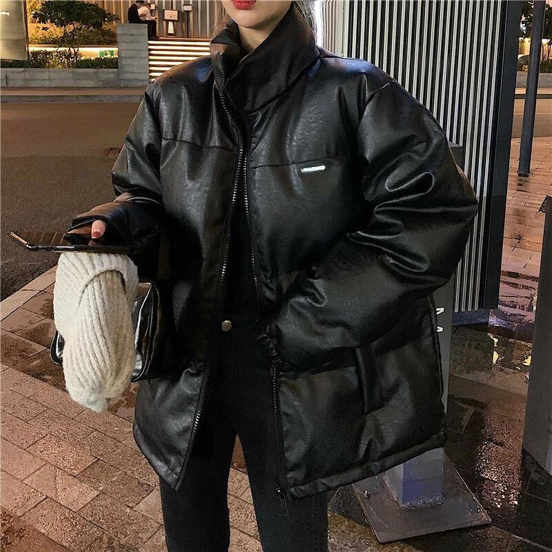 Jaket kulit imitasi wanita, Luaran parka warna hitam terang tebal Korea musim dingin, mantel longgar Matte Ins