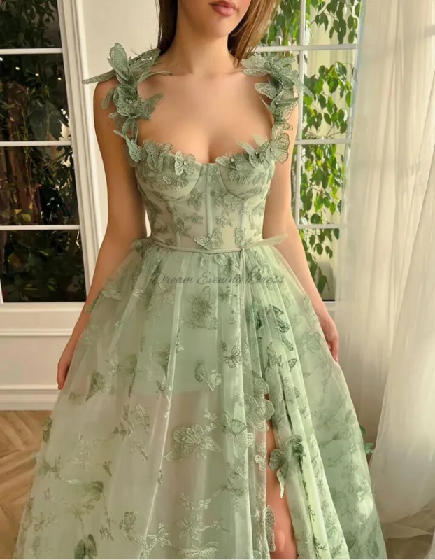 Sweet Temperament Grass Green Sweetheart 3D Decal Tulle A-line High Split Evening Dresses Porm Dress Birthday Party Dresses