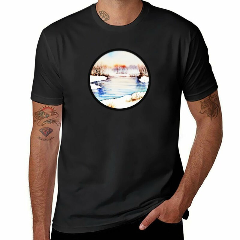 Camiseta masculina de paisagem do rio do inverno, animal print, roupas anime, camisetas brancas para meninos