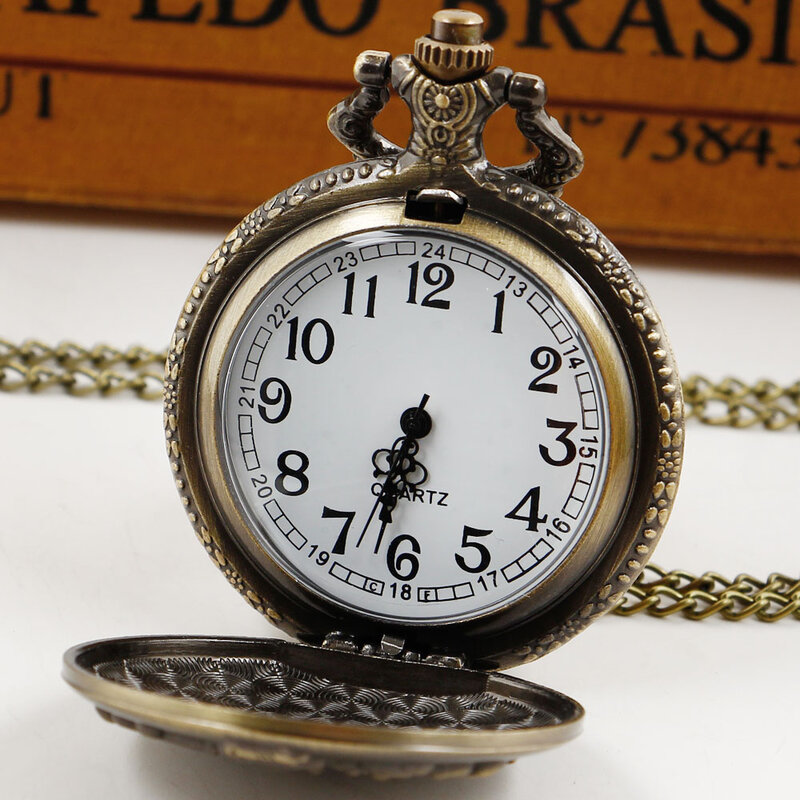 Reloj de bolsillo de bronce pequeño de cuarzo, cadena delgada, clásico, blanco, números árabes, esfera pequeña, regalos para niños y niñas, reloj colgante