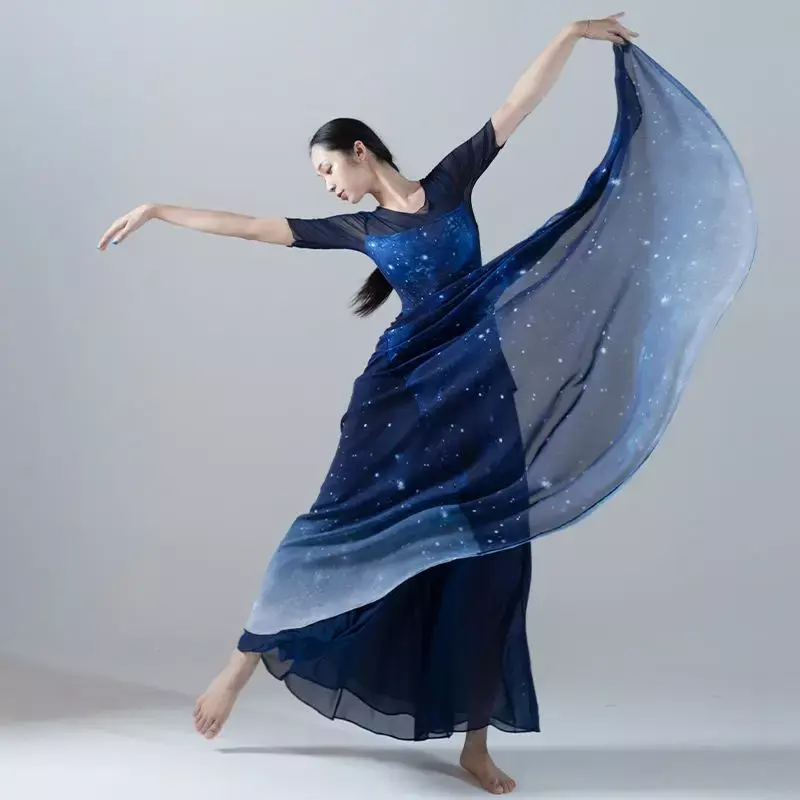 Pakaian dansa wanita, bahan sifon gradien biru langit berbintang, rok besar tari Modern klasik, pakaian pertunjukan panggung, balet