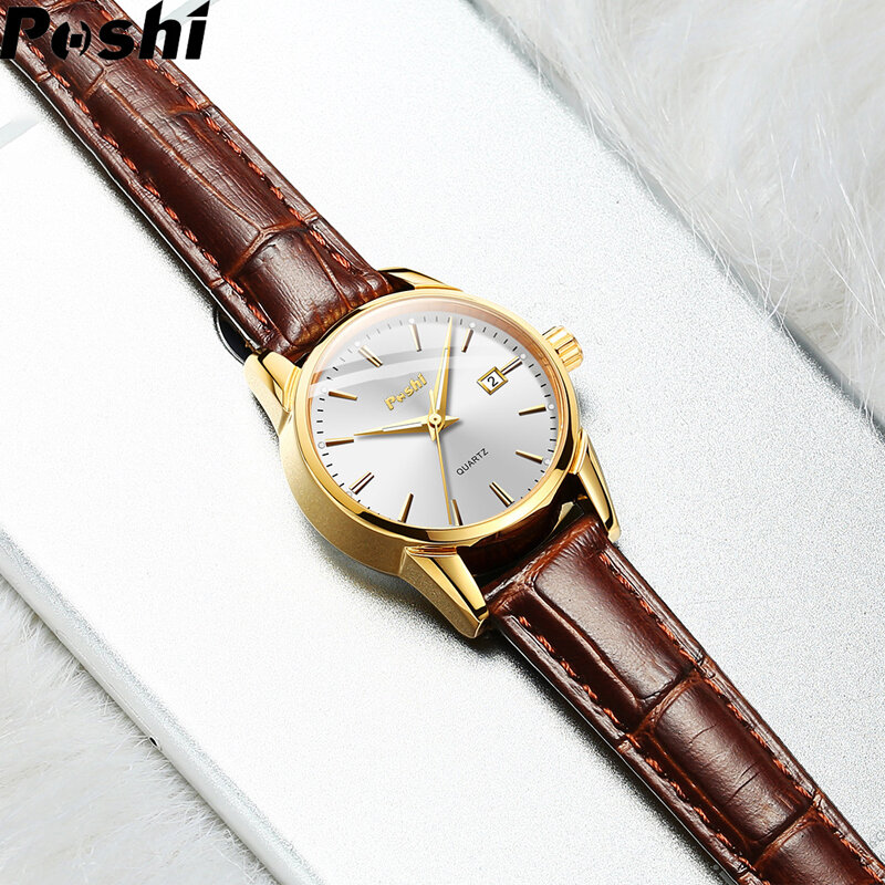 POSHI-Reloj de moda para mujer, correa de cuero de lujo, relojes de cuarzo simples, diseño Original, calendario impermeable, reloj informal