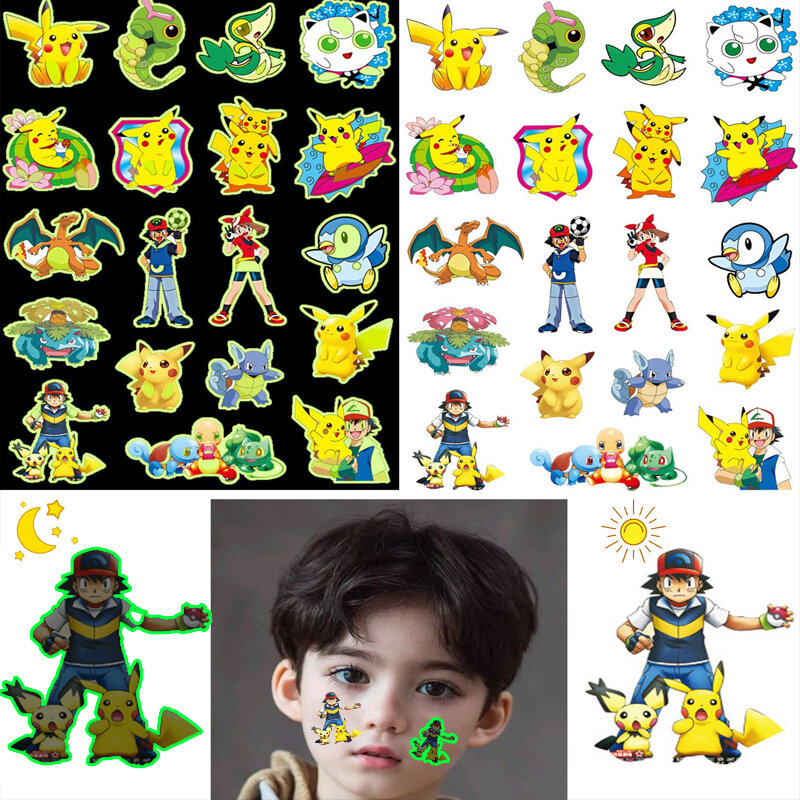 Pokemon Luminous Tattoos for Kids Pikachu Styles Temporary Tattoos Stickers Boys Girls Glow Party Supplies Gifts for Children
