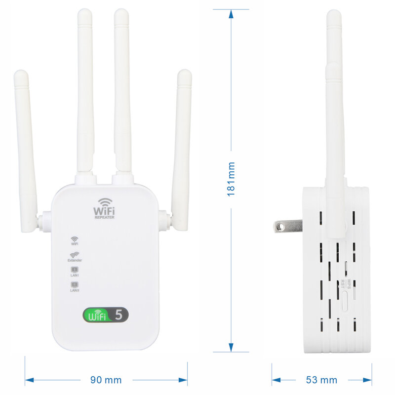 Easy Setup Wireless Wifi Repeater 1200Mbps Dual-Band 2.4/5G 4 Antenna Wi-Fi Range Extender Booster Home Network Modem