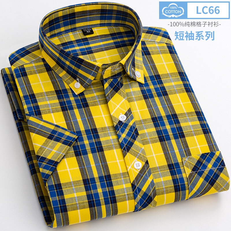 6XL men's short-sleeved shirt summer 100% cotton high-quality thin casual plaid non-ironing plus size fashion breathable