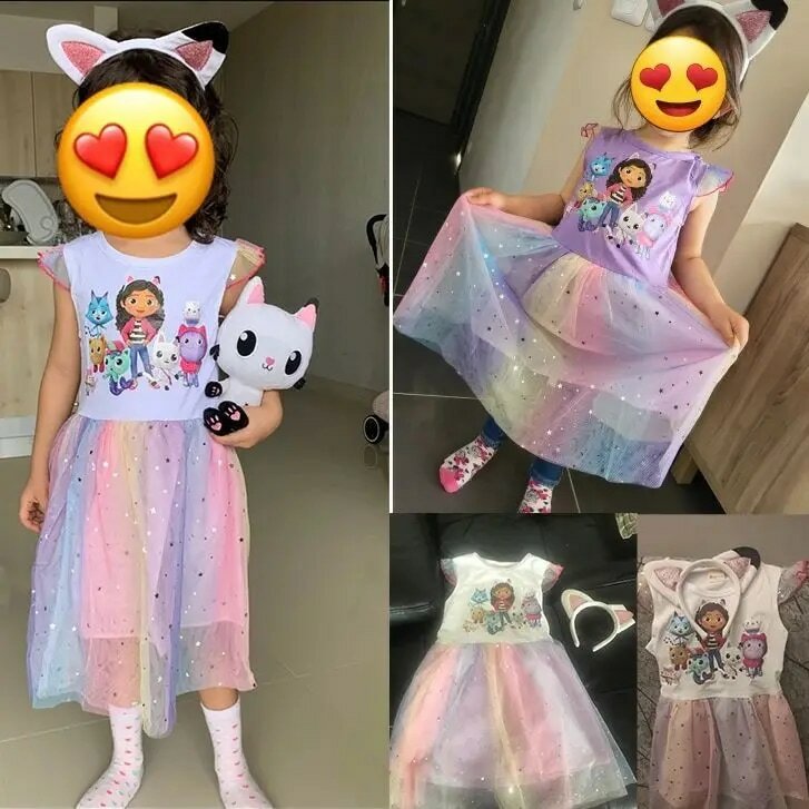 Мультяшные платья для маленьких девочек с кошками, одежда для кукольного домика Габби, костюм для косплея, детское Повседневное платье с рукавом-летучая мышь + повязка на голову