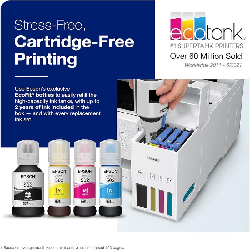EcoTank ET-2850 Wireless Color All-in-One Cartridge-Free Supertank Printer with Scan, Copy and Auto 2-Sided Printing - White