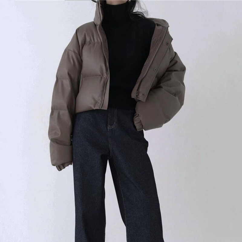 2023 Winter Women Faux Leather Jacket Vintage Fashion Hip-hop Motocycle Parkas Loose Long Sleeve Autumn Brown PU Leather Coats