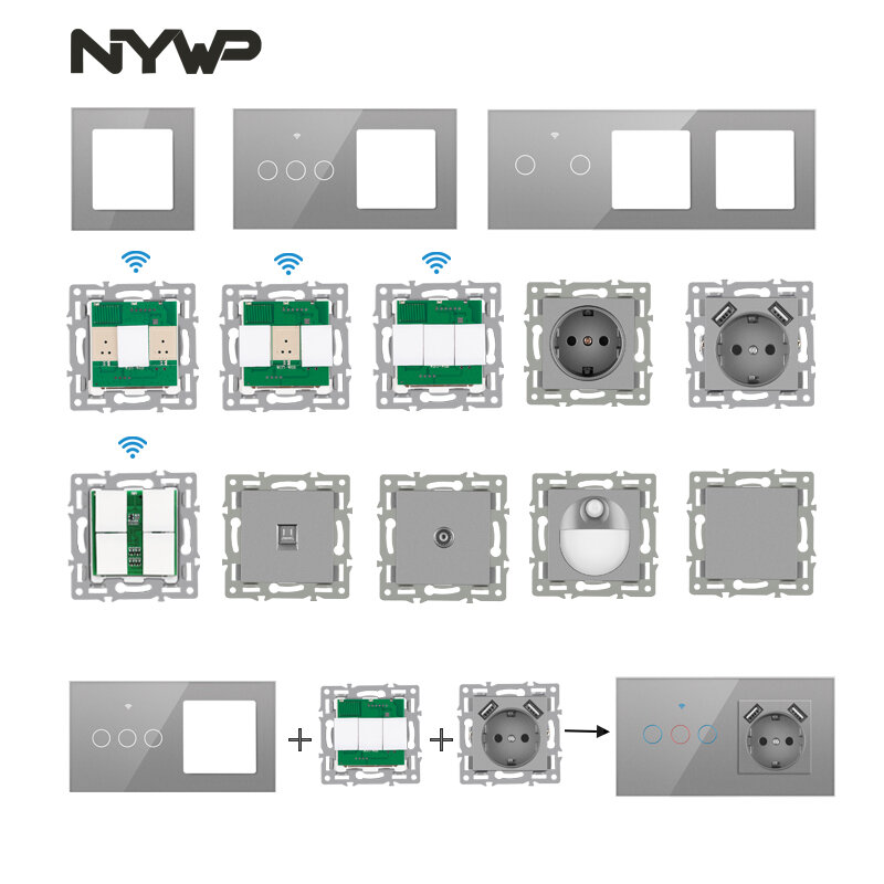 Настенный модуль NYWP «сделай сам», европейский стандарт, серая кристаллическая стеклянная панель, кнопка выключателя питания, функция бесплатной комбинации