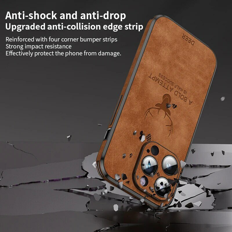 Роскошный кожаный чехол для телефона с оленем для iPhone 14 13 12 15 Pro Max, стеклянный бампер с линзами, противоударный силиконовый чехол для мобильного телефона, чехлы, оболочка