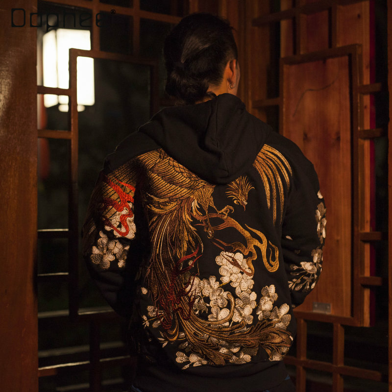เสื้อสเวตเตอร์ปักลายมีฮู้ดสำหรับผู้ชาย, เสื้อปักลายดอกซากุระสไตล์ญี่ปุ่นใหม่ฤดูใบไม้ร่วงและฤดูหนาว2023