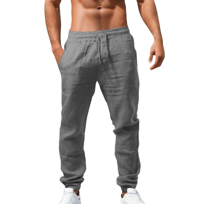 Pantalones largos de verano para hombre, pantalón holgado, transpirable, con cintura elástica, sólido, deportivo, informal, de lino y algodón