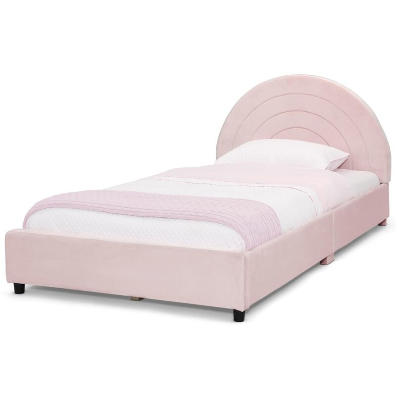 Kinderen Gestoffeerd Twin Size Bed Met Ronde Hoofdeinde Kids Bed Frame Premium Houten Lamellensteun Geen Boxspring Nodig Meubilair