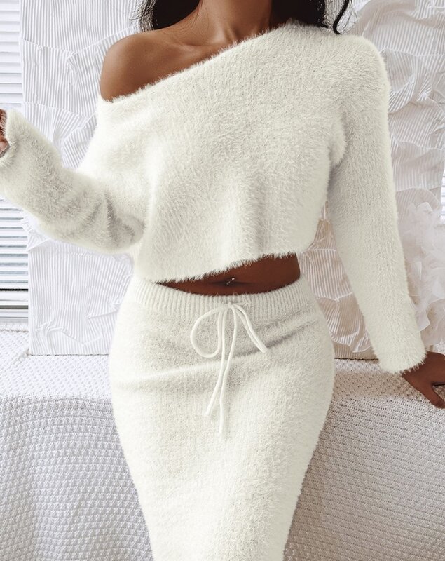 Женский Повседневный пушистый вязаный свитер с косым воротником и юбка, темпераментный осенний Модный комплект из двух предметов для женщин