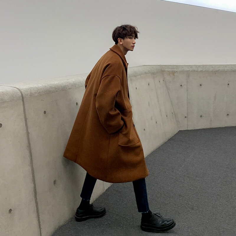 Cappotto di lana da uomo versione coreana invernale di cappotto di lana spesso nel lungo sopra il ginocchio Ins giacca a vento sciolta marea