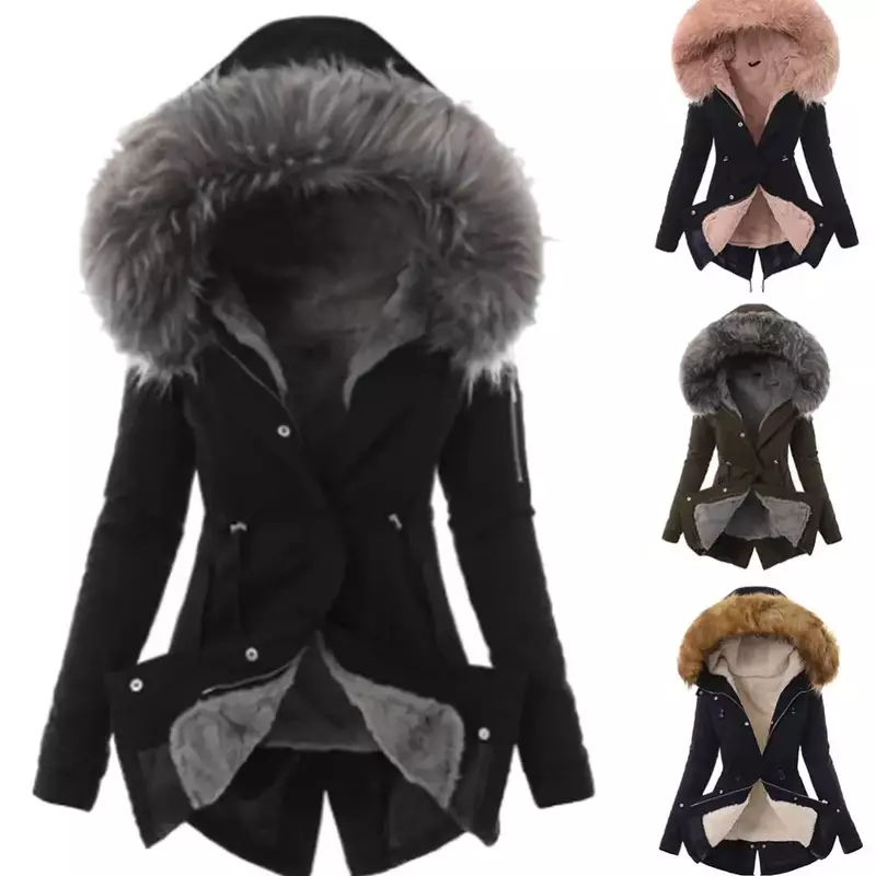 Jaket hangat katun wanita, jaket musim dingin hangat, bulu palsu berkerudung, jaket katun kasual, pakaian luar mantel panjang