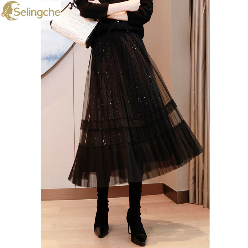 Media falda de malla con lentejuelas para mujer, de línea a Falda plisada de cintura alta, longitud media coreana, primavera y otoño, nueva