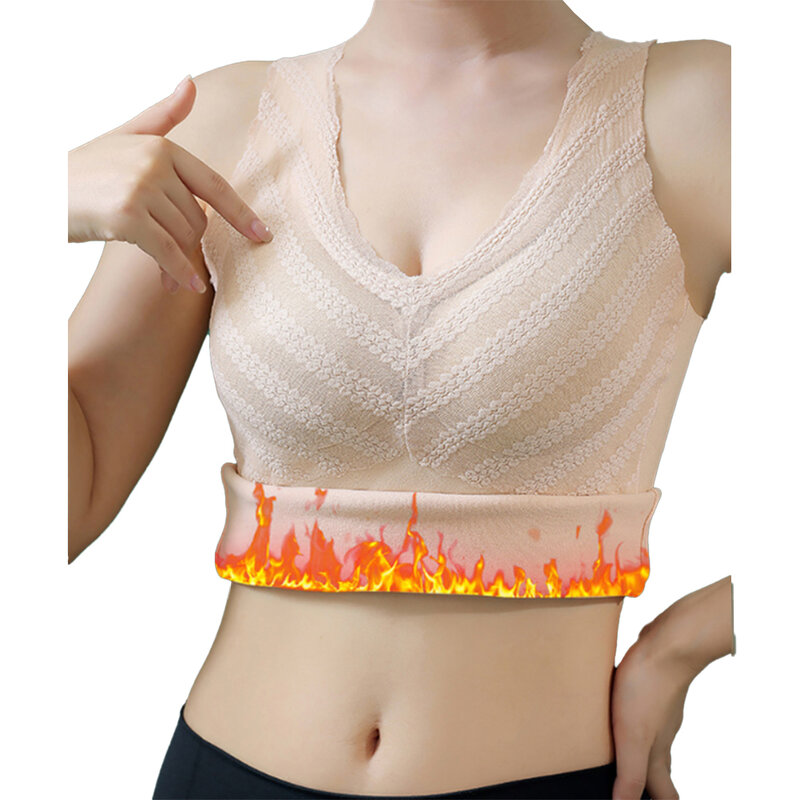 Tank Top Wanita rompi panas celana dalam bulu elastis atasan hangat bergaris dengan Bra mulus tebal piyama hangat musim dingin