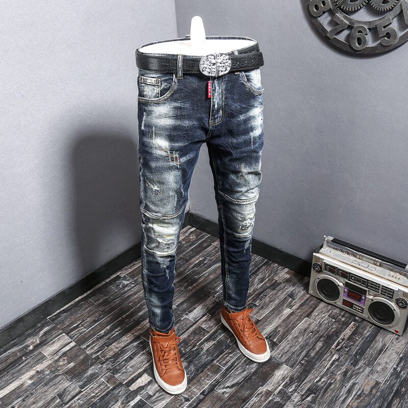 Джинсы мужские Стрейчевые с вышивкой, модные брюки в стиле ретро, рваные брюки в стиле хип-хоп, с соединением, черные синие, уличная одежда