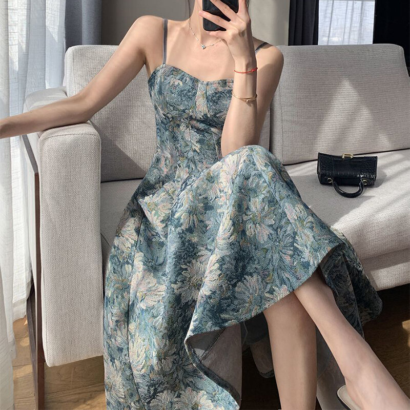 HOUZHZOU Vintage Floral Dress Elegant Evening Party Sexy Backless Women Beach Dress Sweet Midi Dresses Aesthetic Vacation Outfit
