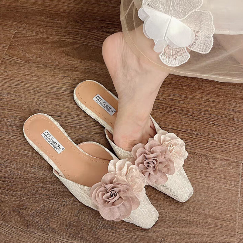 Flower Women Slippers Square Toe Summer Mules Shoes Fashion Sandals 2024 New Slingback Dress Flip Flops Casual Cozy Mujer Slides