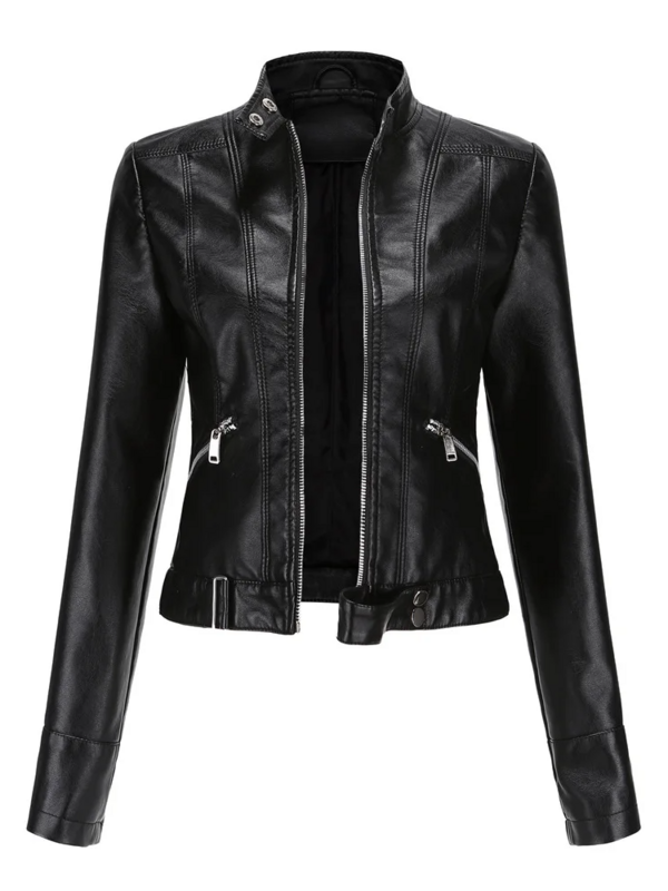 Jaqueta feminina de couro PU slim fit de motociclista, casaco curto, fino, gola alta, moda, primavera, outono, nova