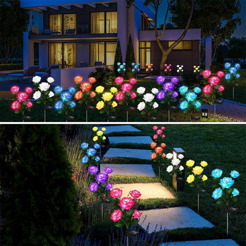 Luzes LED solares ao ar livre, decorativas, 5 cabeças, flor rosa, lâmpada de gramado, quintal, pátio, decoração do jardim