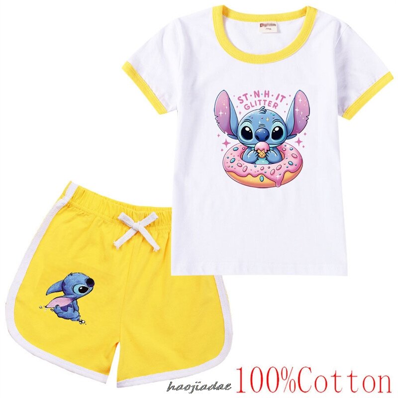 Ropa con estampado de Lilo y Stitch para niños, conjuntos informales de 2 piezas, camisetas de algodón y pantalones cortos