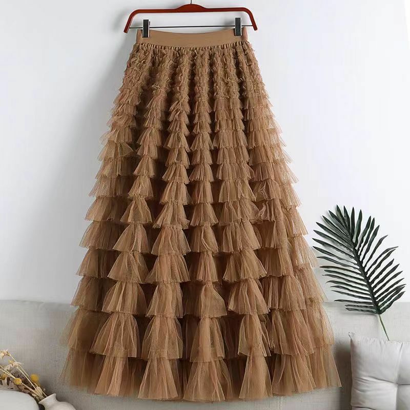 Letnie spódnice damskie Tutu eleganckie damskie kaskadowe długie spódnice plisowana siateczka imprezowe spódnica z wysokim stanem damskie długie spódnice Q925