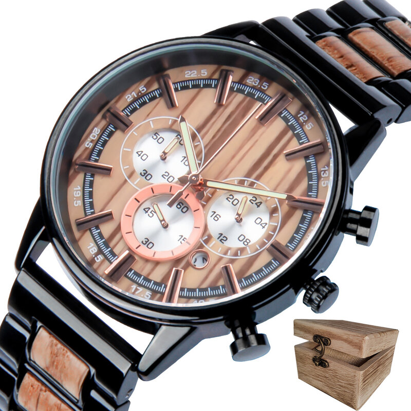 남성용 미니멀리스트 얼룩말 나무 시계, 럭셔리 스틸 악센트, 수공예 시계, 지속 가능한 나무 손목시계