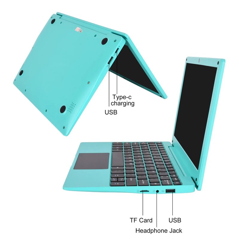 Laptop Android 12 10.3 inci, komputer Quad Core bertenaga Netbook 2G RAM + 64GB ROM komputer Laptop Mini untuk anak-anak dengan tas Mouse biru