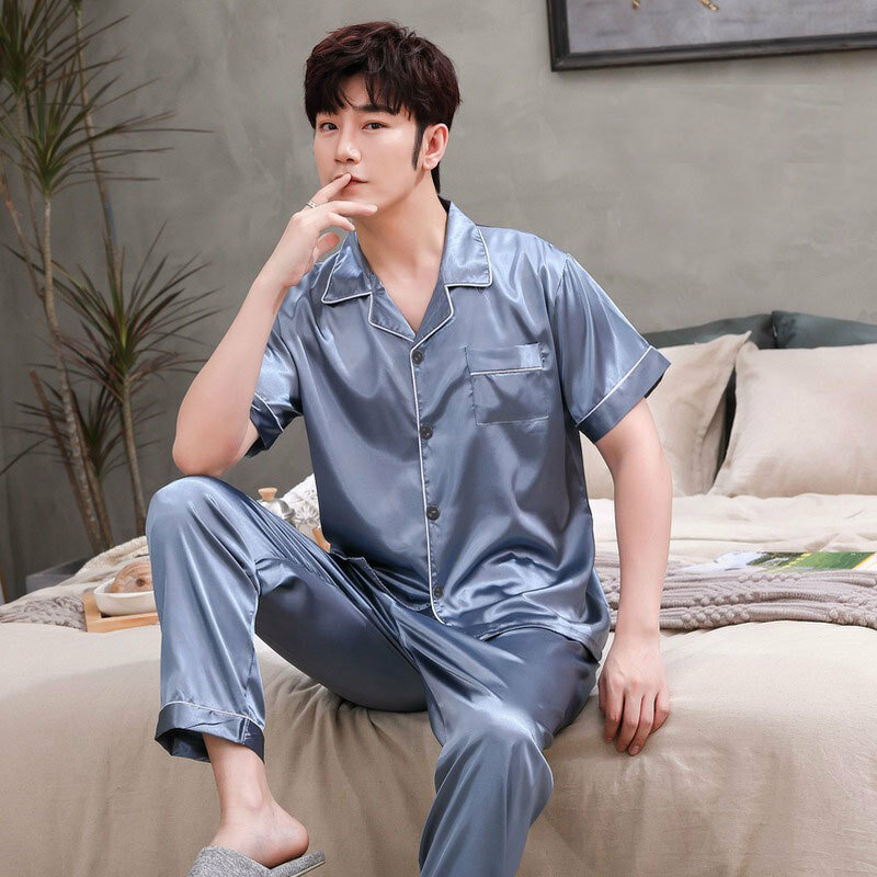 Мужская атласная пижама, одежда для сна с отложным воротником и длинным рукавом, мужские комплекты из 2 предметов, домашняя одежда