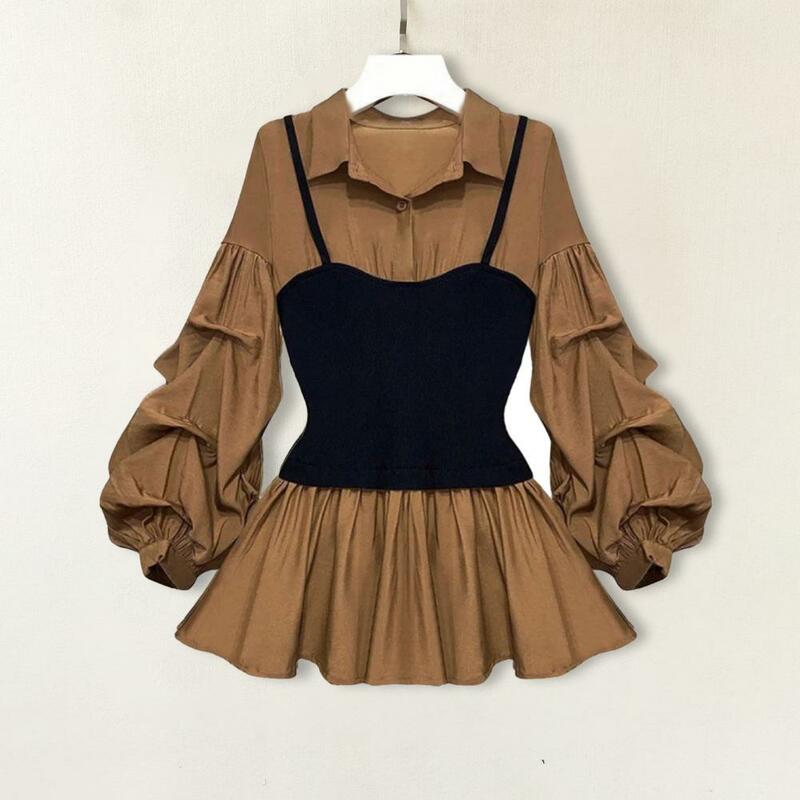 Camisa plissada de bloco colorido feminina, manga bolha, silhueta linha A, respirável, elegante, outono, inverno, roupeiro