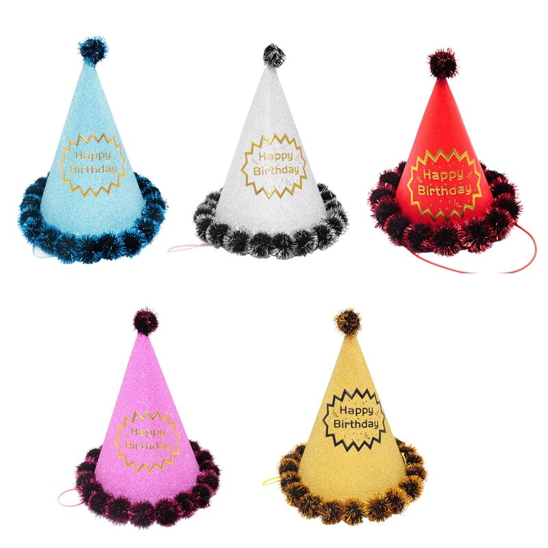 Q0KB Birthday Cone Hats Party Hats Party Cone Hats Happy Birthday Party Hats with Pom Poms Beautiful Cake Cone Birthday Hat