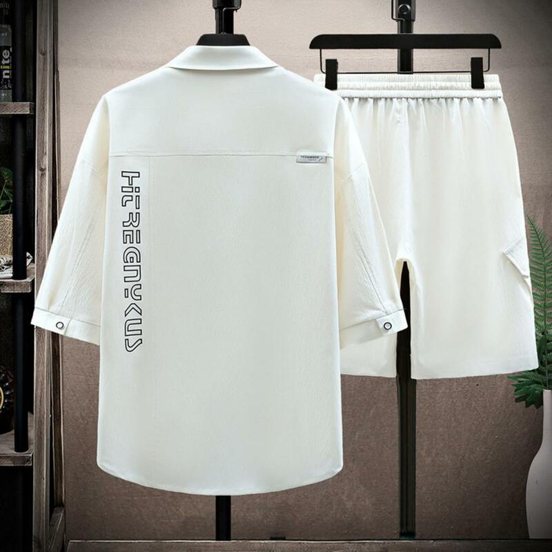 Casual Clothing Set Men's Summer Sport Outfit Set with Half Sleeve Shirt Wide Leg Shorts Elastic Drawstring Waist Solid Color