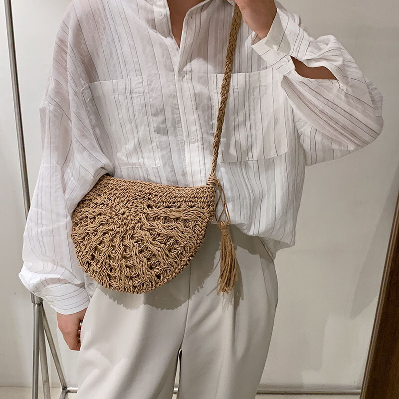 Sacos de ombro de rattan cesta para mulher palha tecer sacos de mulher verão estilo praia moda rattan tecido bolsa e bolsa