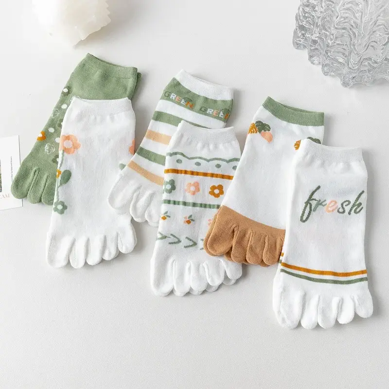 Meias de cinco dedos kawaii para mulheres, meias finas para tornozelo, dedos separados, dedo verde floral, algodão, verão, 6 pares por lote