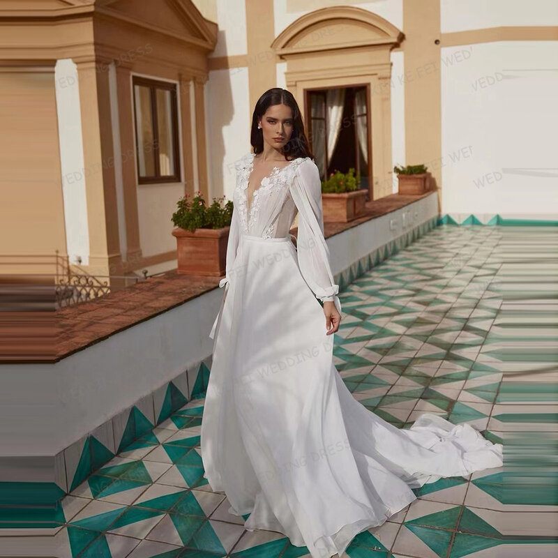 Elegant Lace Tulle 2024 Wedding Dresses Women's Sexy A-Line Long Sleeve V Neck Appliques Princess Bridal Gowns Vestidos De Novia
