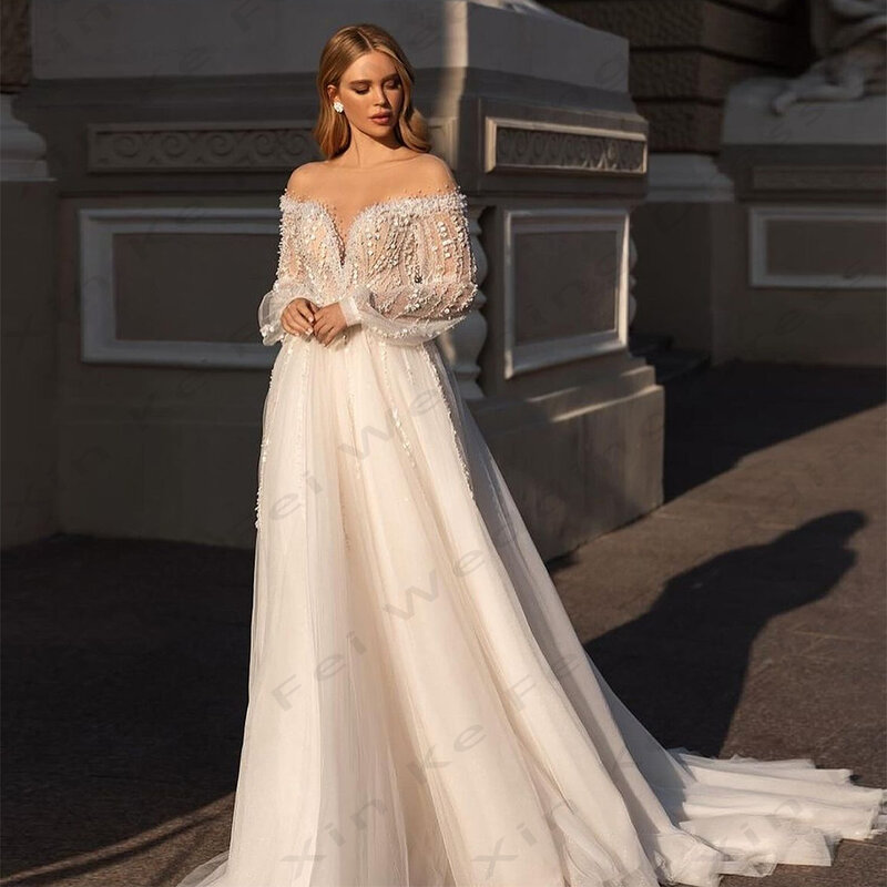 Elegant Women's Bridal Gowns A-Line Long sleeved Lace Beads Sexy Backless Princess Wedding Dresses Formal Beach Party 2024 Robe