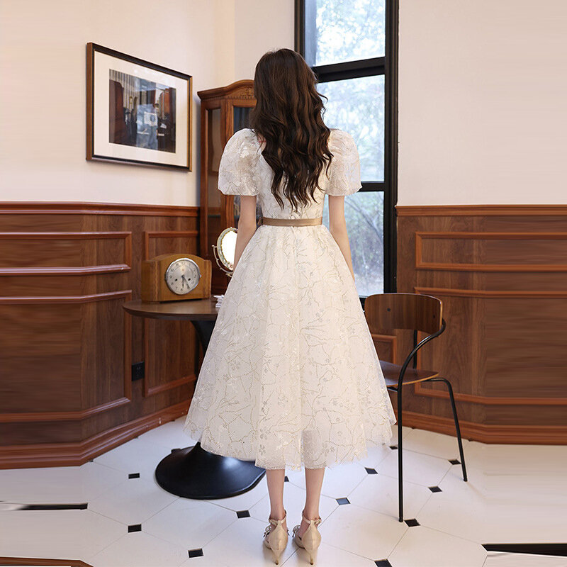 Gaun Malam Perempuan Putih Kasmir Lengan Puff Elegan Gaun Panjang Menengah Perjamuan Gaun Tuan Rumah Selebriti Temperamen