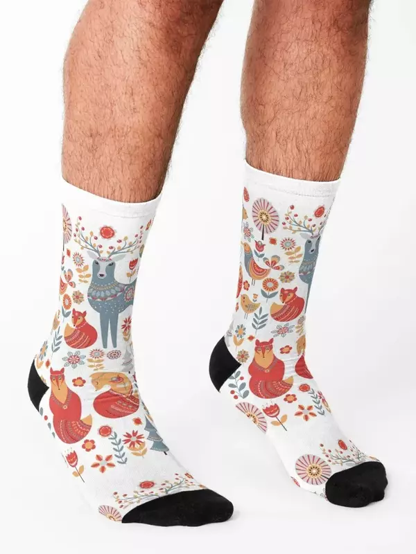 Seamless pattern with winter forest, deer, owl and Fox. The Scandinavian style. Socks golf Toe sports Socks For Man Women's
