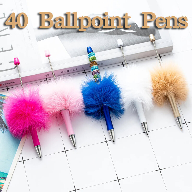 40Pcs Plush Ballpoint Pen Ball Pen for Students Office School   Mixed Colors Beads Pens