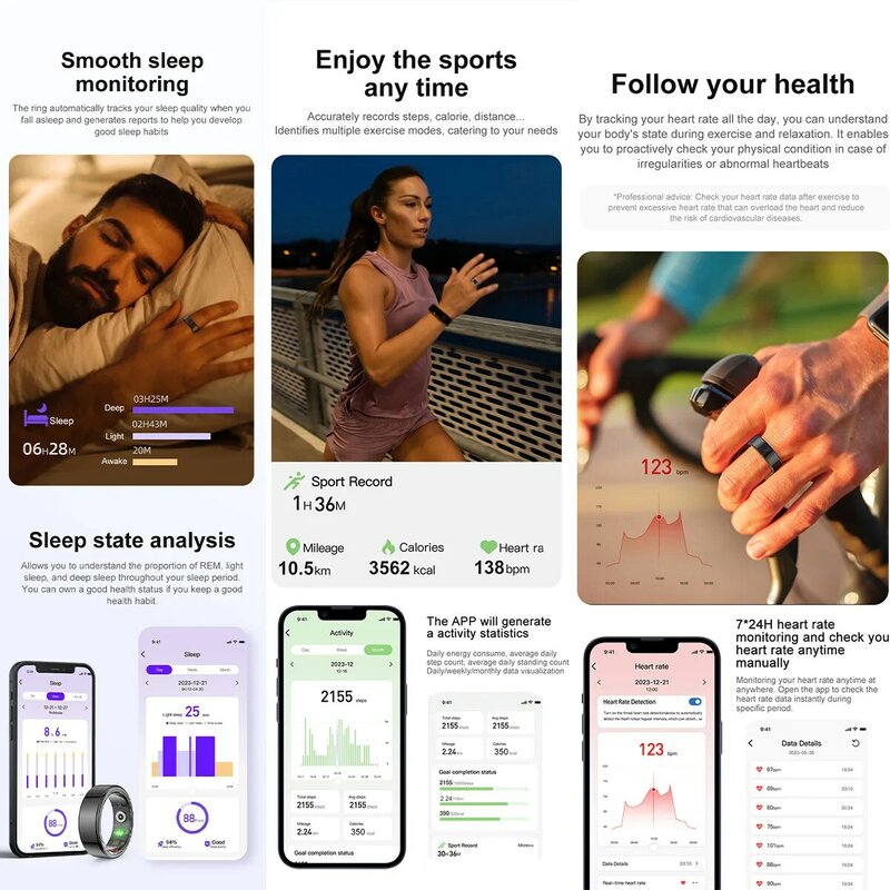 Lopom-男性用スマート健康モニタリングリング、マルチスポーツモード、Bluetooth、睡眠追跡フィンガーリング、ip68防水、r02、2024